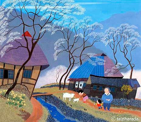 原田泰治　春　あんずの里　長野更埴