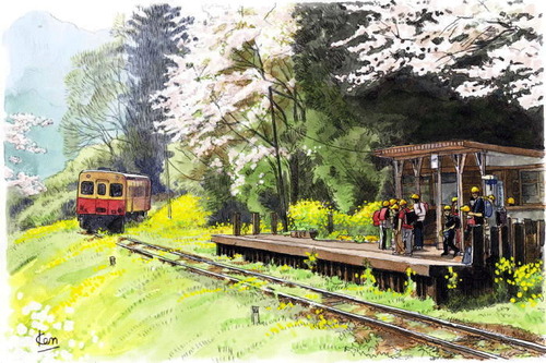 森田健二郎の水彩画 その５　菜の花と 桜とローカル線