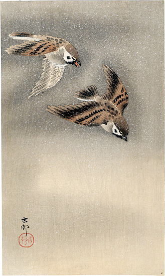 小原古邨　雪中の雀