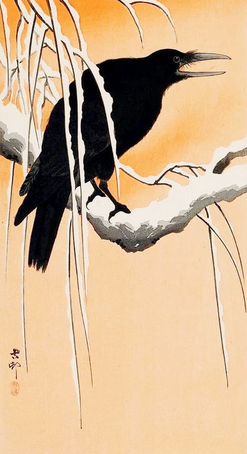 小原古邨　版画　画像　雪の柳に烏