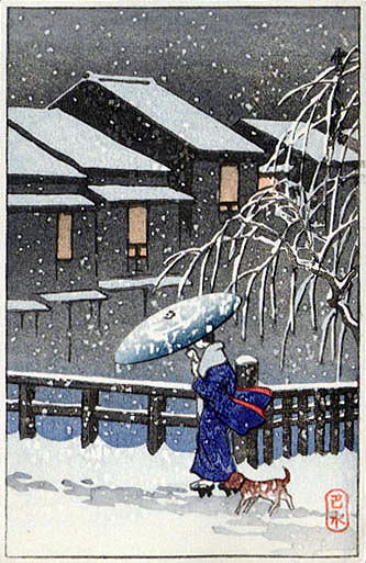 川瀬巴水　雪woman-dog再　中