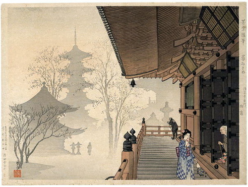 新井芳宗　（1873-1845）　浅草寺東門　朝靄