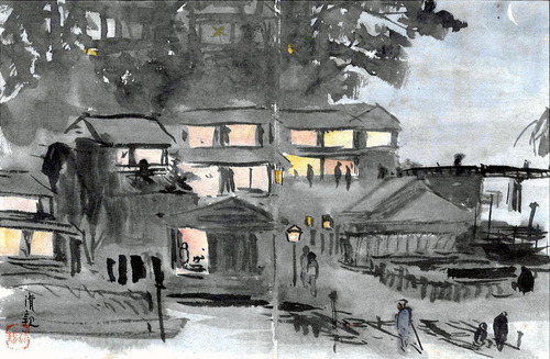 小林清親　下絵　浅間温泉　目之湯旅館