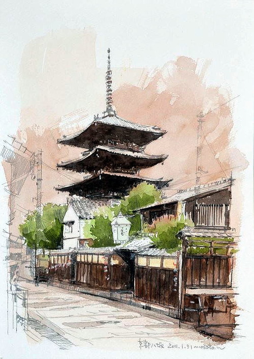 渡部政人の水彩　京都八坂
