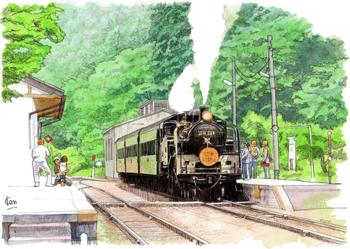 100　森田健二郎の水彩画　蒸気機関車のある風景