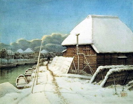 70　森ケ崎雪後之夕　旧大田区　水彩