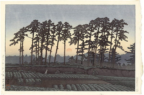 川瀬巴水　池上市之倉（夕陽）