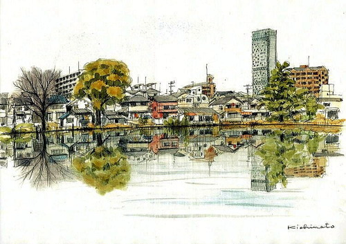 岸本　阿倍野　桃ケ池　水彩スケッチ