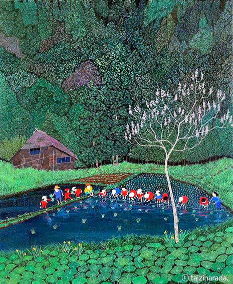 原田泰治　夏　田植えの子供たち　宮城　七ヶ宿