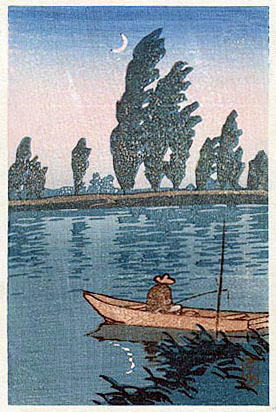 川瀬巴水　月夜の釣り　小