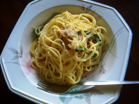 セリとベーコンのパスタ