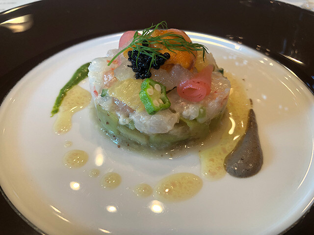 Red Grouper, Trout, and Shrimp Aspic with Sea Urchin and Caviar