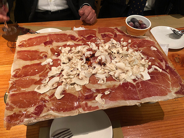 Plate of Prosciutto, Jamon Serrano and Salami with Mushrooms