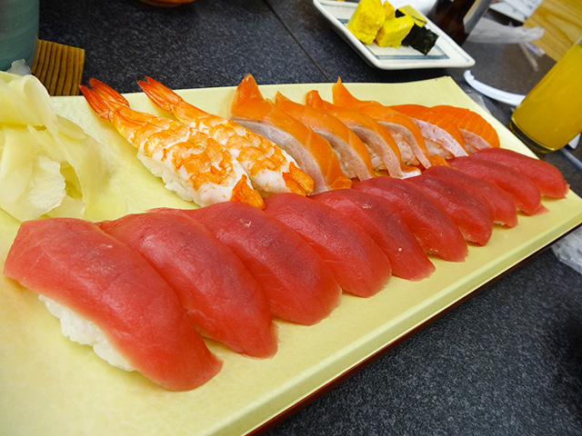 Red Tuna, Salmon, and Prawn Nigiri Sushi