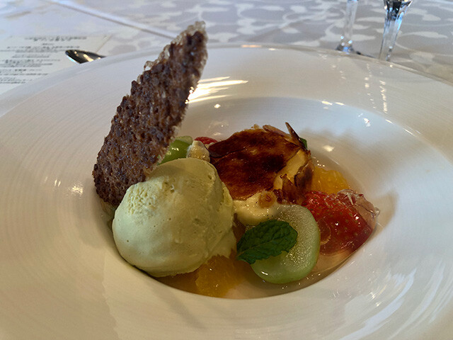 Creme Brulee with Fruit and Pistachio Gelato