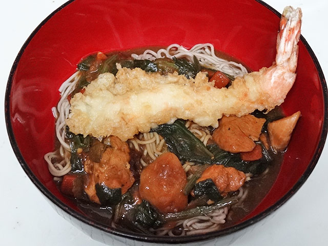 Chicken Curry Soba Noodles with Prawn Tempra