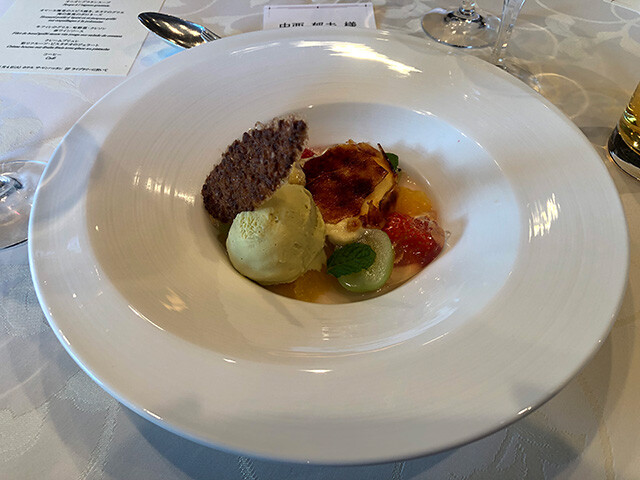 Creme Brulee with Fruit and Pistachio Gelato