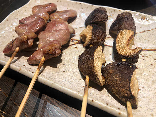 Broiled Skewered Chicken Heart and Shiitake Mushroom