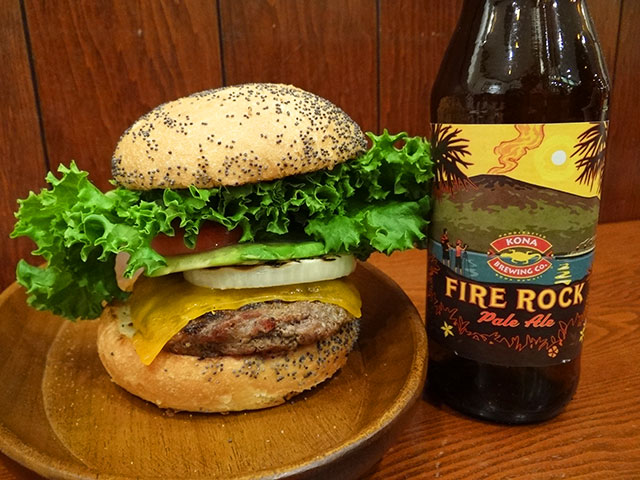 Avocado Cheese Burger with Fire Rock Pale Ale