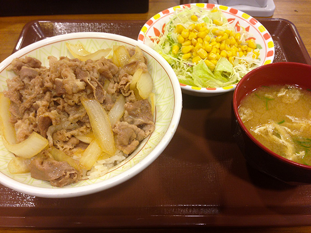 Beef Bowl with Salad and Miso Soup