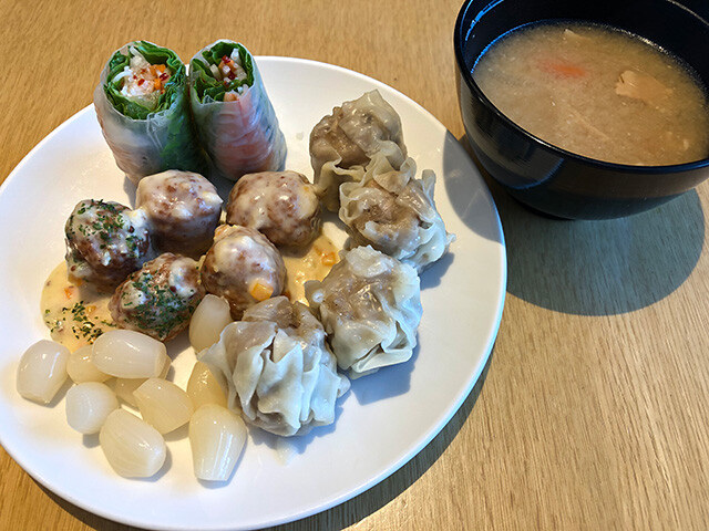 Shumai, Meat Balls, Spring Rolls, Japanese Leeks, and Miso Soup