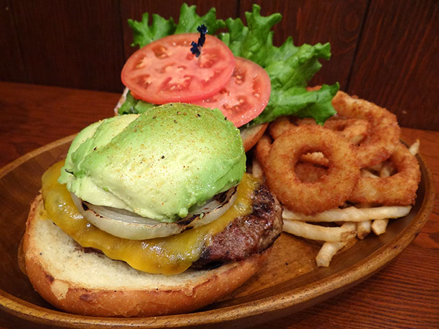 Avocado Cheese Burger with Onion Rings and Friench Fries