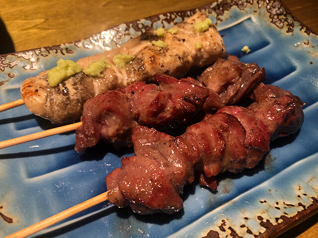 Broiled Skewered Chicken Breast Strips and Beef Outside Skirt