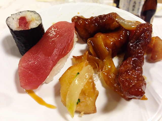 Sushi, Potato, and Sweet-Sour Pork