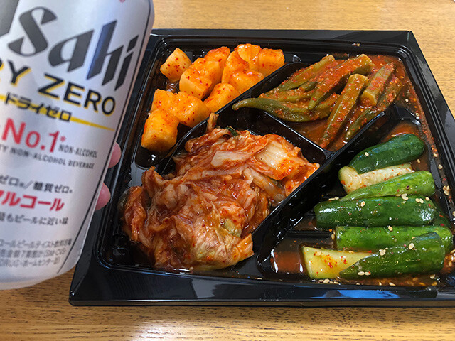 Assorted Kimchi and Asahi DRY ZERO