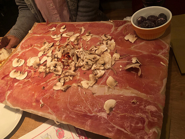 Plate of Prosciutto, Jamon Serrano and Salami with Mushrooms
