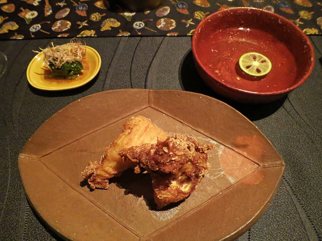 フグの唐揚げ,花山葵のお浸し 1_edit