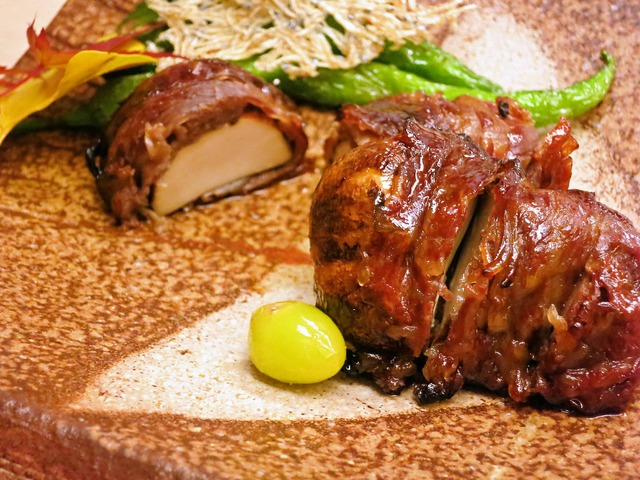 松茸の牛肉巻きとカマスの炭火焼き 4_edit