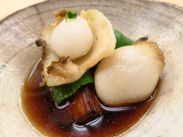 アワビ,賀茂ナス,万願寺とうがらしの揚げ出し 2_edit