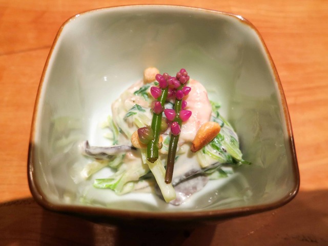 水菜と川津えびの白和え ツルムラサキの花添え 1_edit