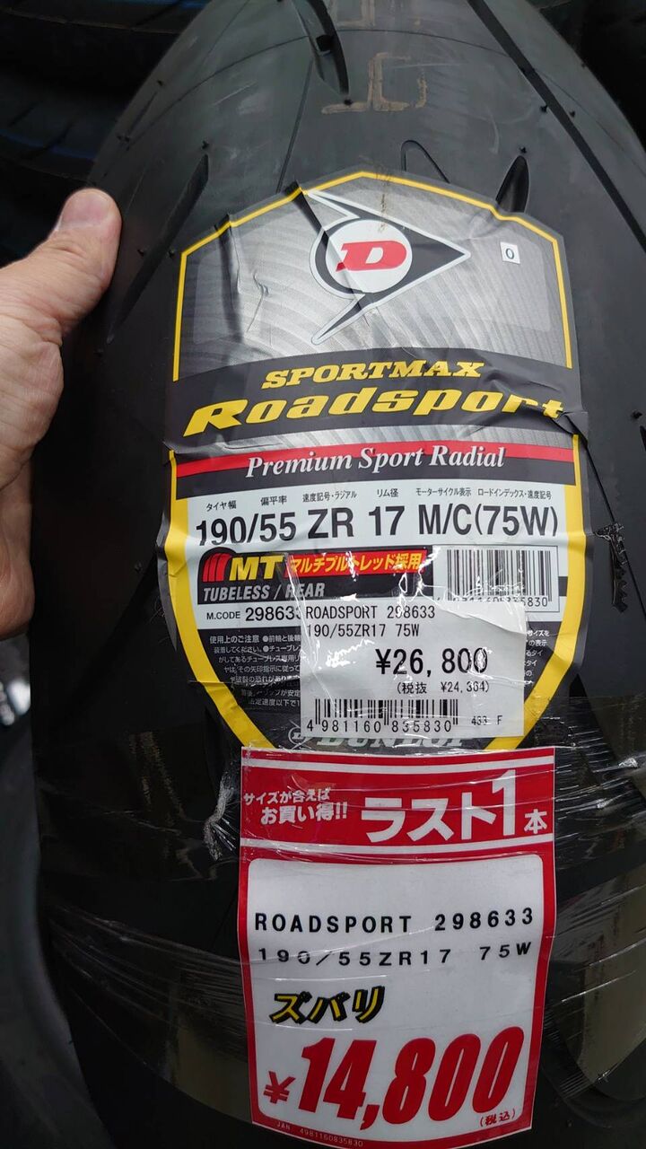 ダンロップ　ロードスポーツ2 190/50/17 Dunlop Roadsport 2 190/50ZR17 Rear Motorcycle Tire Back 190