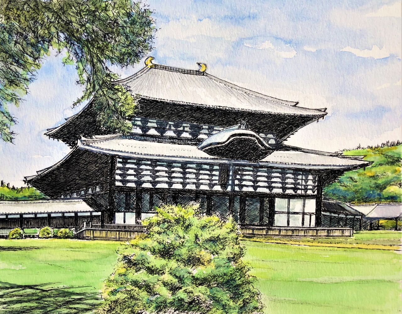 油絵】三水公平/東大寺金堂（大仏殿）/古都奈良/真作/油彩/絵画/世界