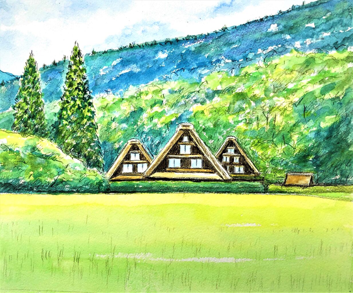 水彩画「白川郷にてー母と子」