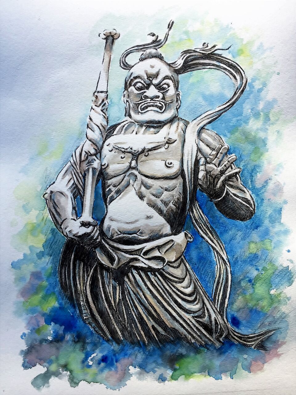 水彩画 金剛力士像 水戸の仙人の水彩画