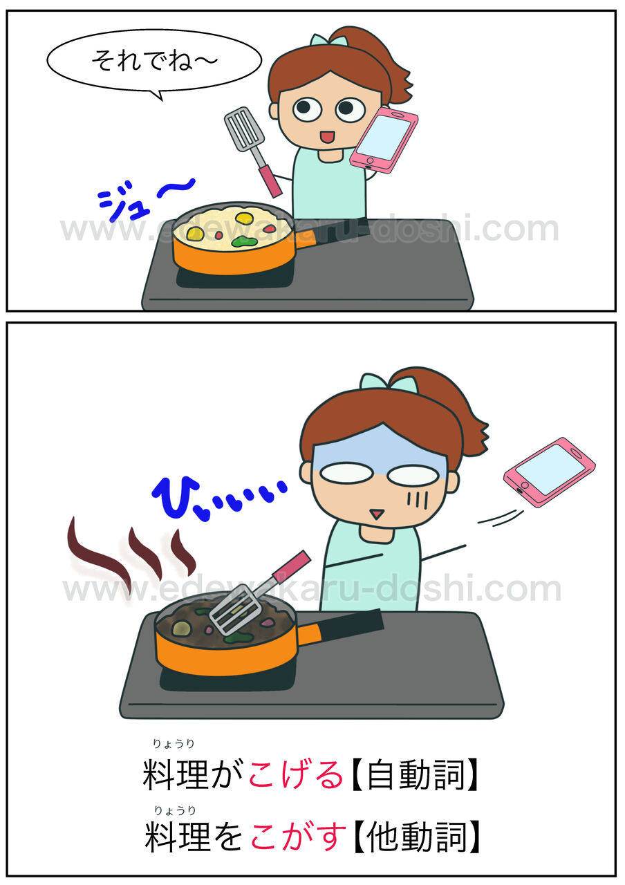 こげる・こがす（不注意・失敗）｜自動詞・他動詞 : 絵でわかる自動詞・他動詞