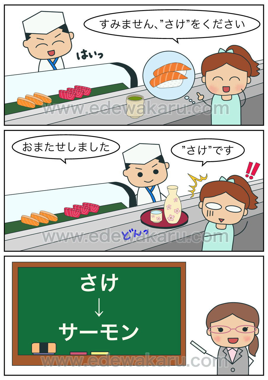 「すみません、”さけ”をください」|間違った日本語 絵でわかる日本語 「すみません、”さけ”をください」|間違った日本語 絵でわかる日本語
