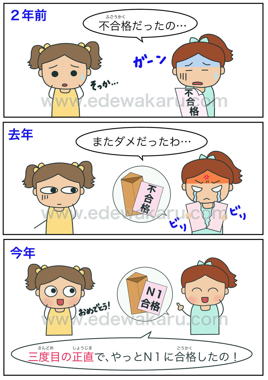 三度目の正直 慣用句 絵でわかる日本語