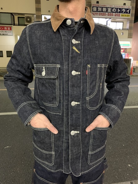 EIGHT-G エイトジー デニムカバーオール コーデュロイ襟　size40 エイトジー！コーデュロイ襟デニムカバーオール！！ : Gパン屋サカイ