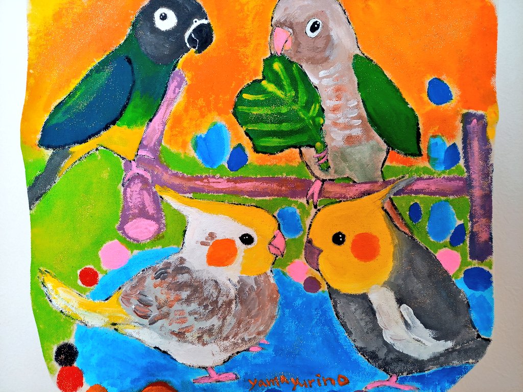 オーダー作品 シモフリインコちゃん ウロコインコちゃん ２羽のオカメインコちゃん トートバッグ大 絵描き文鳥 やま ゆりの