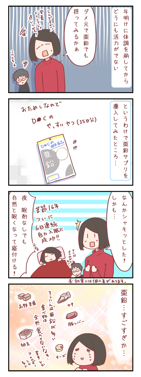 慢性的な疲労感に悩み、亜鉛サプリを試した結果…【ろぐ843】