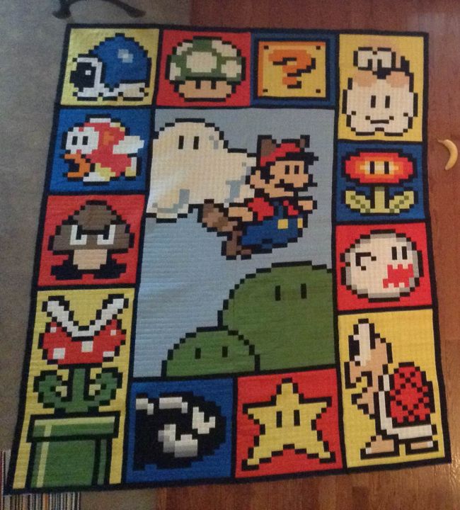 製作時間600時間 枚の布を縫い合わせた ドット絵マリオのキルト えのげ
