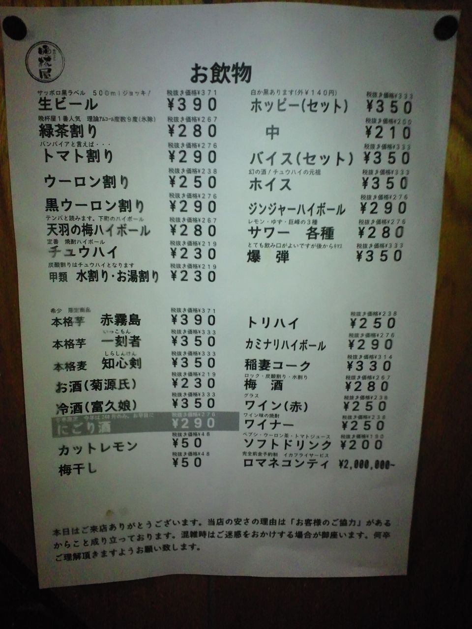 立ち飲み 晩杯屋 武蔵小山 雨漏り日誌 立ち飲み 晩杯屋 武蔵小山 雨漏り日誌