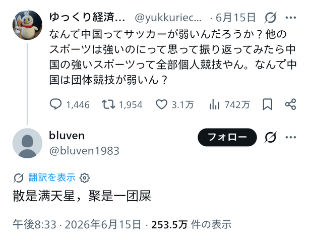 【悲報】日本人「なんで中国って個人競技は強いのにサッカーは弱いの？」中国人「ふむ…」