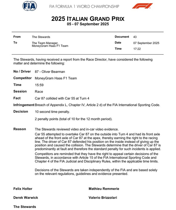 オリバー・ベアマン、10秒タイムペナルティと2ペナルティポイント：2025年F1イタリアGP