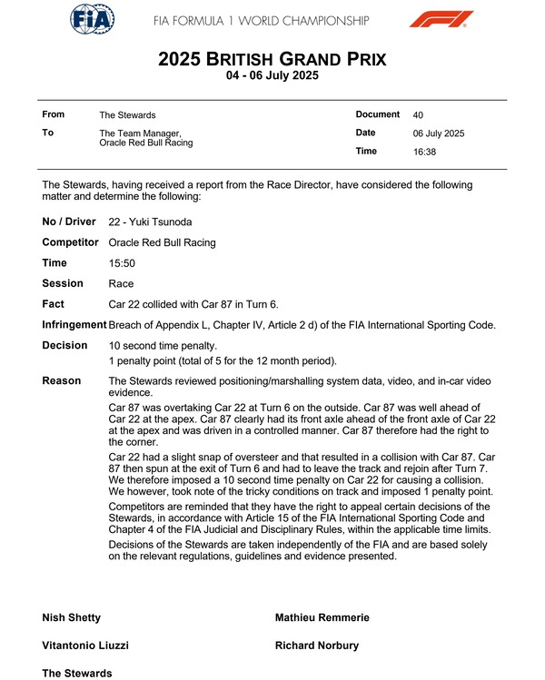 角田裕毅、3戦連続でペナルティポイント：2025年F1イギリスGP