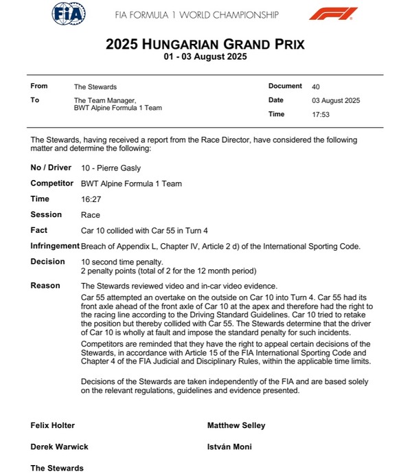 シャルル・ルクレール、5秒タイムペナルティと1ペナルティポイント：2025年F1ハンガリーGP